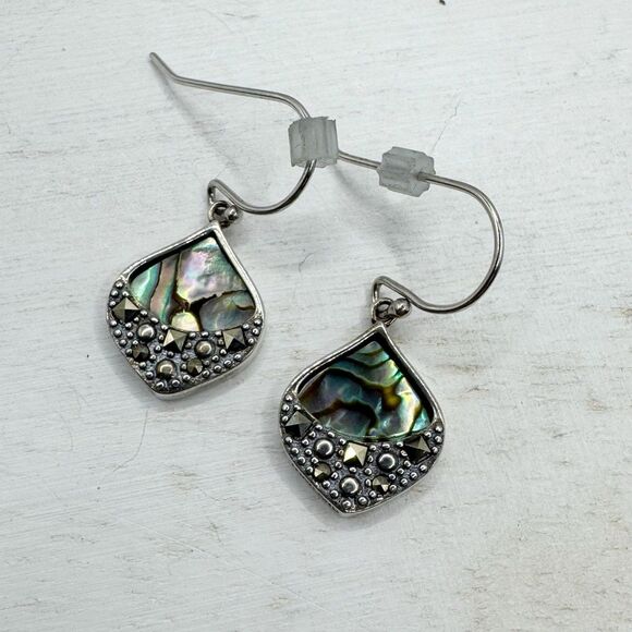 Sterling Silver Abalone Marcasite Sparkling Iridescent Drop Earrings SLC 925 Th - Picture 14 of 16